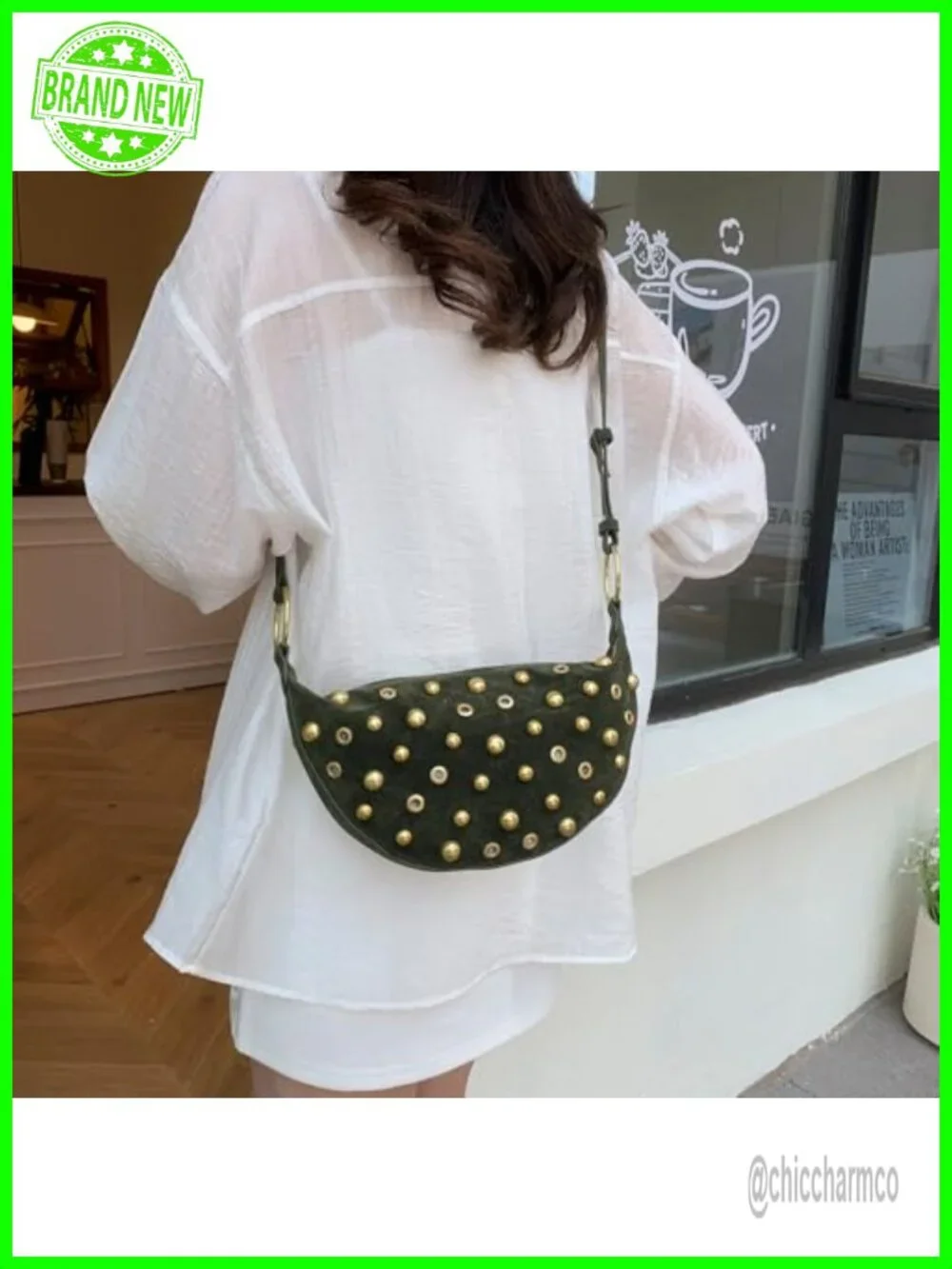 Studded Faux Suede Hobo Crescent Crossbody Bag Shoulder Purse